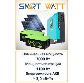 Солнечная электростанция SmartWatt 3000-1100 для дачи 3,0 кВт| 5,0 кВт*ч