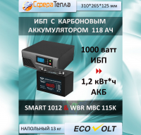 Комплект "ИБП Ecovolt SMART  1012 + АКБ 120 АЧ.". Мощность 1000 ватт. Энергоемкость 1,2  кВт*ч